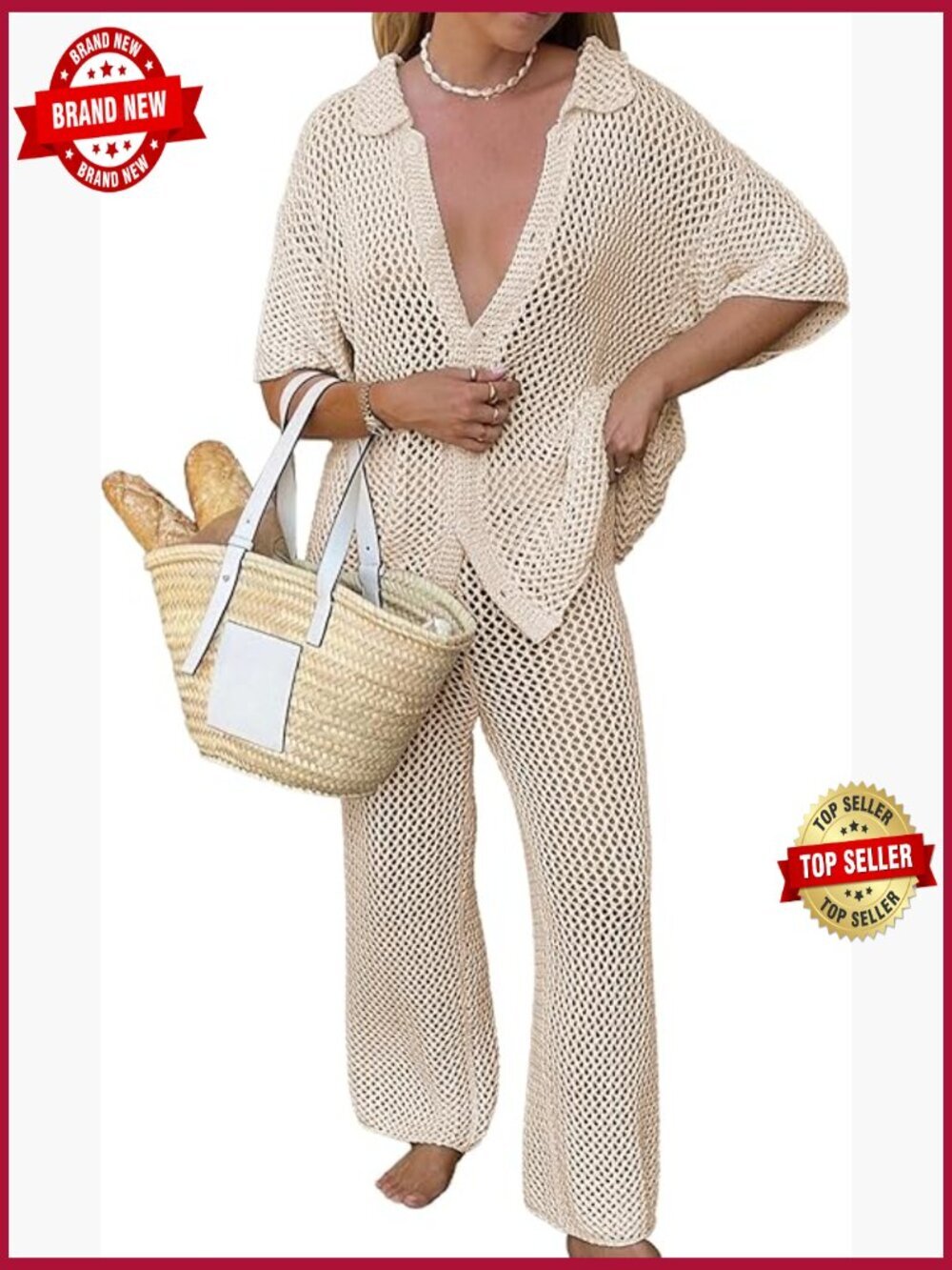 Sexy Hollow Out Crochet Swimsuit Cover Up Set Button Top Drawstring Pants 2